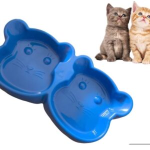 two cats with a blue double Cat-shaped pet food bowl
