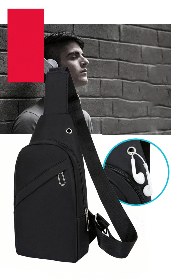 black crossbody sling bag, waterproof travel chest bag,unisex sling bag for daily use, minimalist crossbody bag men women, thetrendhood.com, shoulder chest pack with earphone port, compact sling backpack for travel