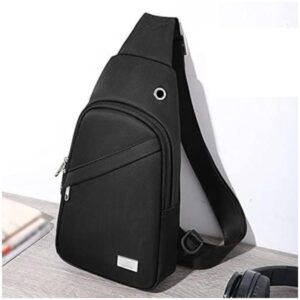 black crossbody sling bag, waterproof travel chest bag, unisex sling bag for daily use, minimalist crossbody bag men women, shoulder chest pack with earphone port, compact sling backpack for travel, stylish sling bag for men