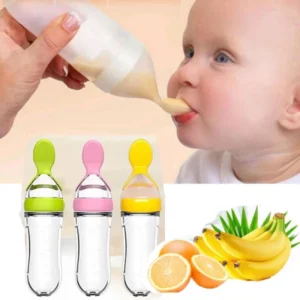 silicone baby spoon feeder bottle, baby feeding bottle with spoon, infant food squeeze feeder, thetrendhood.com, safe silicone baby feeding tool, portable baby feeding bottle, spoon feeder for baby puree
