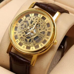 Gold-tone Skeleton with Roman Numerals, Genuine Brown Leather, Classic, Vintage, Elegant, skeleton dial men’s watch, gold tone vintage watch for men, brown leather strap watch, thetrendhood.com