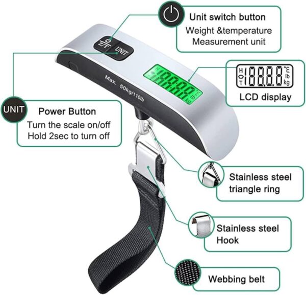 Digital Luggage Scale – Portable, Accurate & Travel-Friendly (50kg/110lb Capacity), thetrendhood.com, portable luggage scale, travel weight scale, digital suitcase scale, baggage weight checker, handheld luggage scale, lightweight travel gadget, airline baggage scale