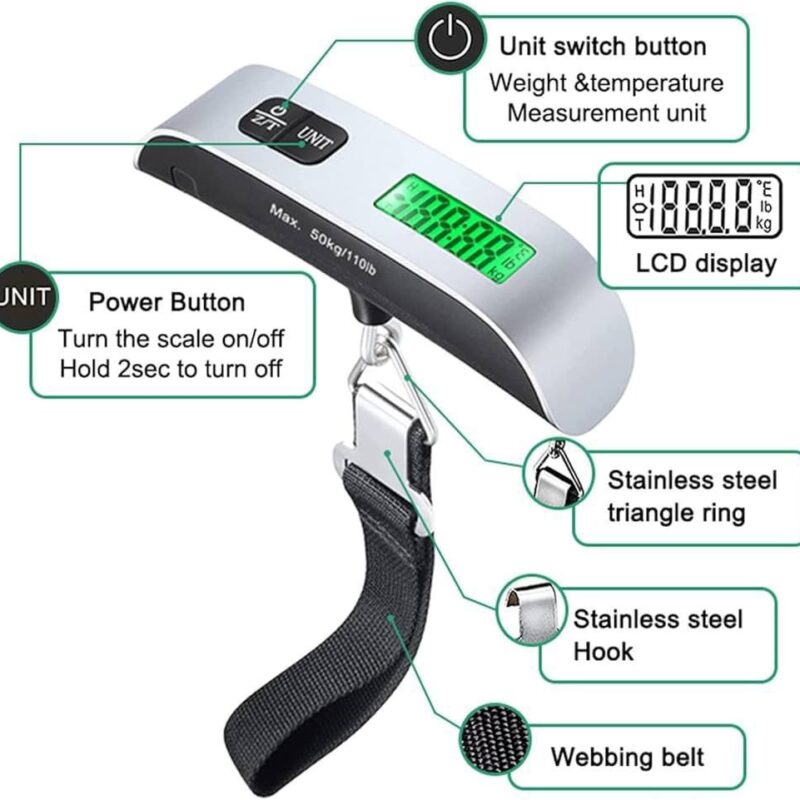 Digital Luggage Scale – Portable, Accurate & Travel-Friendly (50kg/110lb Capacity), thetrendhood.com, portable luggage scale, travel weight scale, digital suitcase scale, baggage weight checker, handheld luggage scale, lightweight travel gadget, airline baggage scale