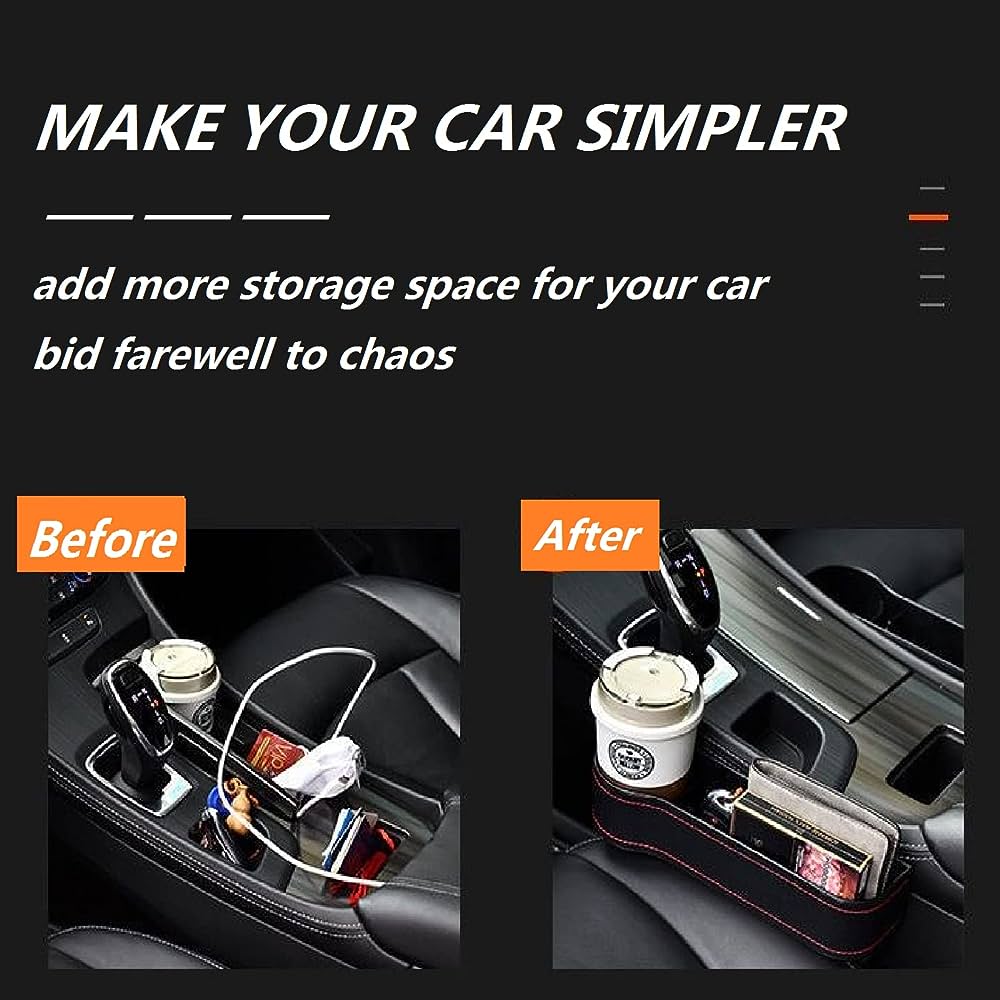 Set of 2 Storage Boxes (Left & Right): Ideal for both sides of your car seats Maximizes Space: Perfect for storing phones, wallets, drinks, and small accessories Gap Filler Design: Prevents items from falling between seat and console Durable Construction: Made with strong, long-lasting materials for everyday use Universal Fit: Compatible with most car models and seat types Easy Installation: Simply slide it between the seat and console — no tools required Size: 26 × 17 cm