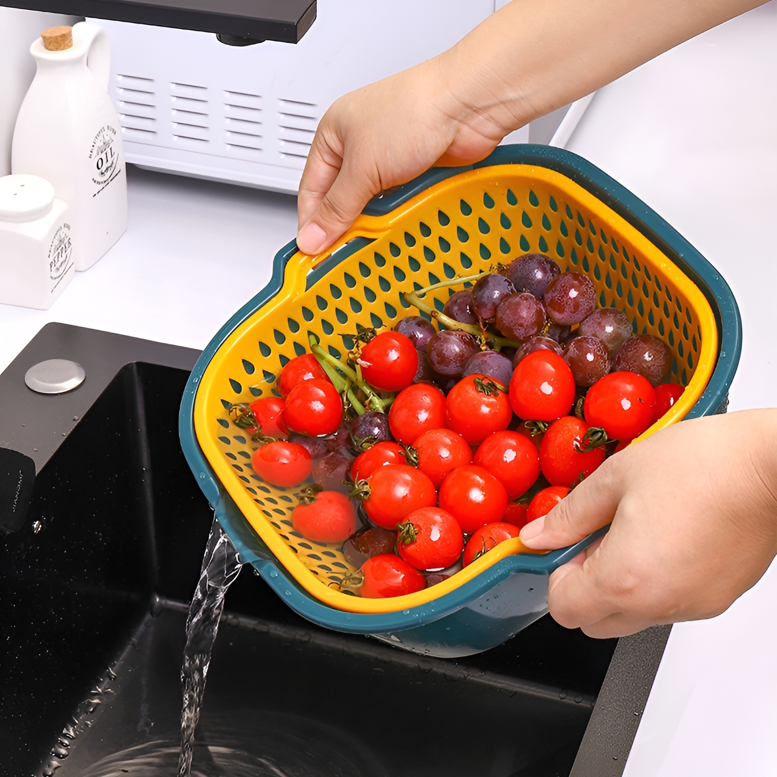 2-layer fruit drain basket Vegetable washing bowl Multifunctional kitchen colander set Plastic strainer bowl with drainer Fruit and vegetable washing basket Double-layer colander bowl Kitchen drain basket with bowl Space-saving kitchen tool Food strainer and storage bowl Durable plastic colander for home, thetrendhood.com