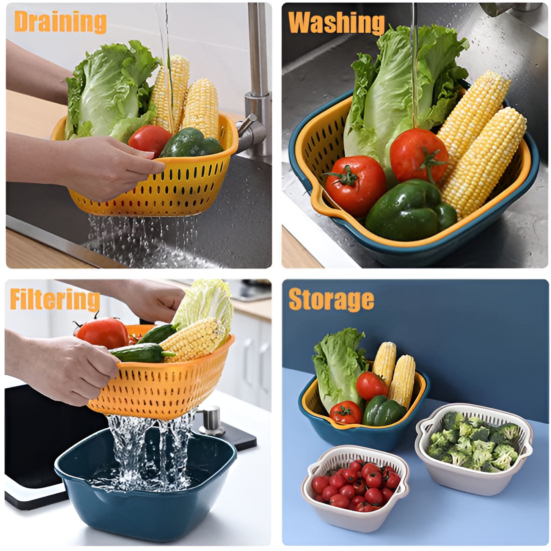 2-Layer Fruit and Vegetable Drain Basket – Multifunctional Detachable Colander with Bowl | Kitchen Strainer Set for Washing, Cleaning & Storing
