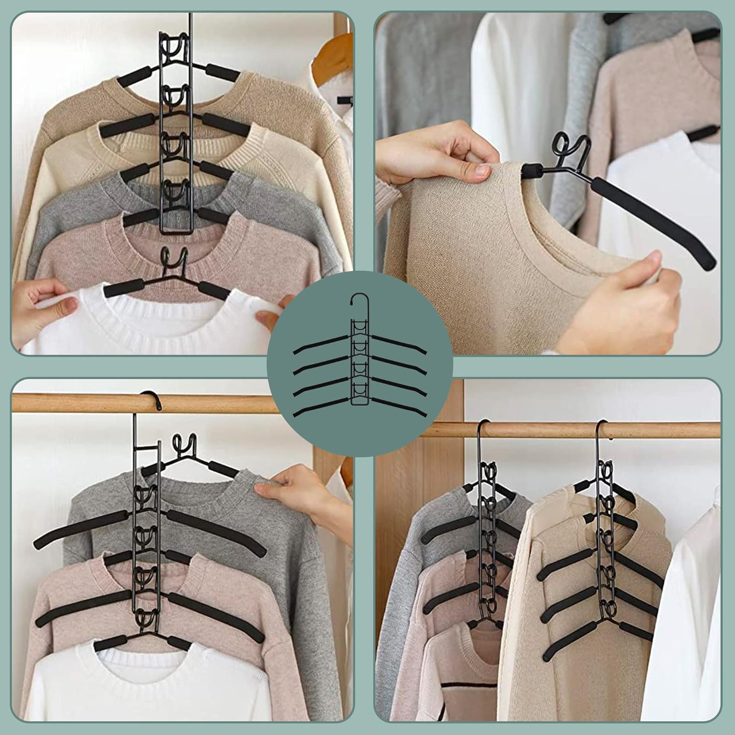 5-in-1 space-saving design – hang multiple garments on one hanger Durable metal construction – strong, rust-resistant, and long-lasting Non-slip EVA sponge shoulders – prevent sliding and wrinkles Vertical or horizontal use for flexible organization Detachable and easy to use – perfect for small closets or dorms Ideal for shirts, sweaters, pants, coats, and scarves Keeps clothes organized, neat, and wrinkle-free Compact, lightweight, and modern design
