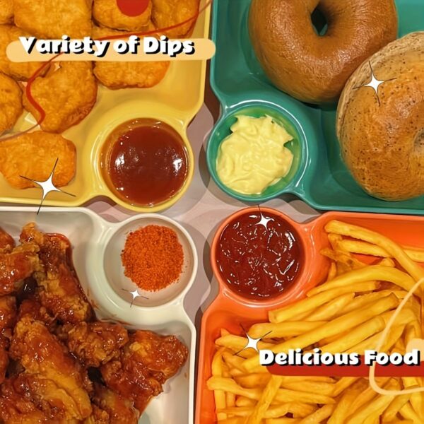 Set of 4 colorful serving platters with built-in sauce bowls Made from durable, BPA-free, food-grade PP plastic Lightweight, reusable, and easy to clean Perfect for snacks, fries, sushi, desserts, and appetizers Ideal for parties, picnics, BBQs, and everyday use Vibrant colors for a fun, modern dining experience Stackable design saves space in storage Eco-friendly and safe for all types of food