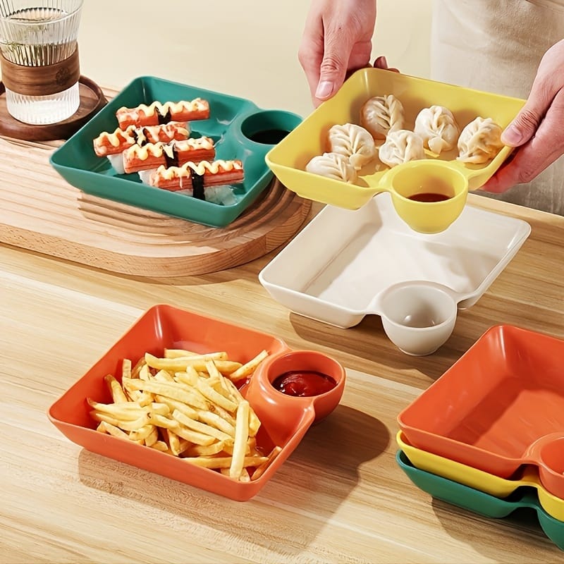 colorful serving platter set, snack plates with sauce bowl, reusable serving trays, BPA-free food platter, plastic appetizer plates, sushi and fries serving tray, modern kitchen tableware, party snack plates, eco-friendly dinnerware set, multipurpose serving bowls, thetrendhood.com