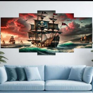 Pirate Ship Wall Art, Nautical Wall Art, Ocean Ship Canvas, 5 Piece Wall Art Set, Seascape Wall Décor, Wooden Wall Art Panels, Sticky Wall Art Tiles, Ship Wall Art for Living Room, Nautical Home Décor, Ocean Theme Wall Art, thetrendhood.com