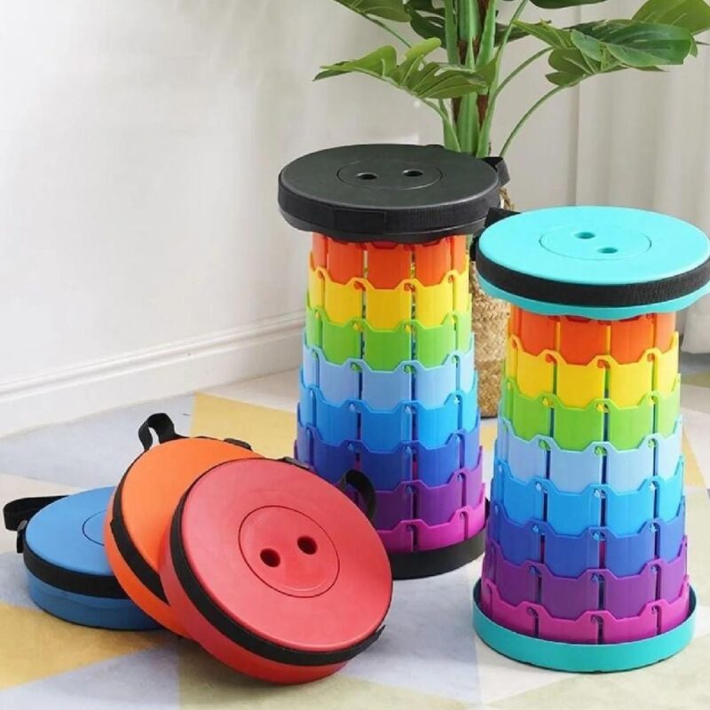 Portable telescopic folding stool Lightweight and easy to carry Adjustable height for personalized comfort Strong, durable plastic construction Collapsible design for compact storage Stable wide base for secure seating Built-in carrying strap for convenience Suitable for camping, fishing, hiking, and travel, thetrendhood.com