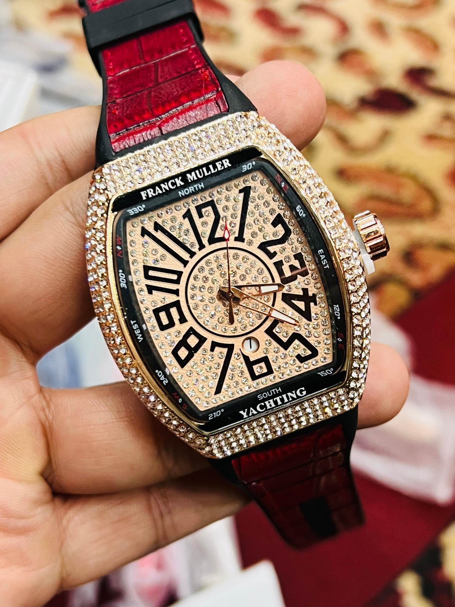 Franck Muller Vanguard Yachting watch Diamond encrusted luxury watch Franck Muller tonneau case watch Swiss automatic luxury men’s watch Yachting inspired diamond watch Pavé diamond dial watch High-end sailing watch Designer luxury wristwatch Sapphire crystal Swiss watch Premium hybrid strap watch Statement luxury watch for men Collector’s diamond watch, thetrendhood.com