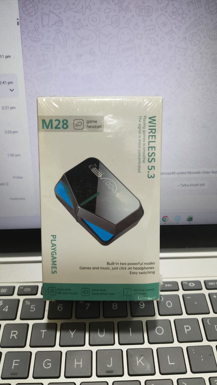 DAMIX M28 earbuds, wireless gaming earbuds, low latency gaming earbuds, dual mode TWS earbuds, Bluetooth 5.3 earbuds, LED display earbuds case, gaming earbuds with game mode, HD sound wireless earbuds, stylish mirror finish earbuds, affordable gaming earbuds Pakistan, thetrendhood.com