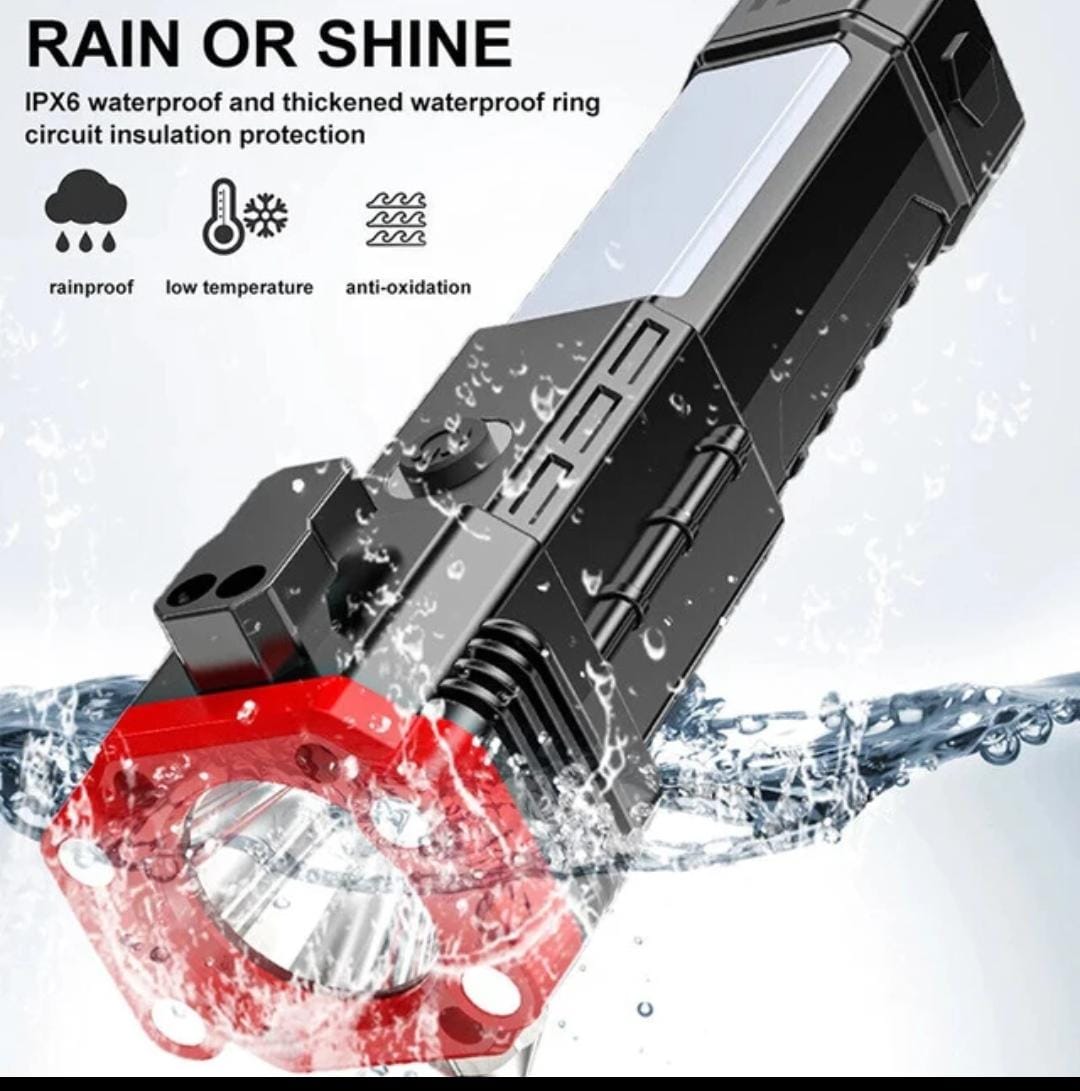 high power LED torch, rechargeable flashlight, tactical flashlight with hammer, emergency torch light, power bank flashlight, camping torch light, outdoor LED flashlight, glass breaker torch, emergency safety flashlight, heavy duty rechargeable torch, multifunction flashlight, car emergency light, thetrendhood.com