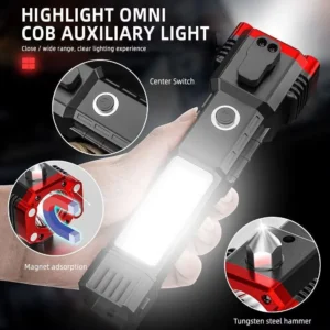 high power LED torch, rechargeable flashlight, tactical flashlight with hammer, emergency torch light, power bank flashlight, camping torch light, outdoor LED flashlight, glass breaker torch, emergency safety flashlight, heavy duty rechargeable torch, multifunction flashlight, car emergency light, thetrendhood.com
