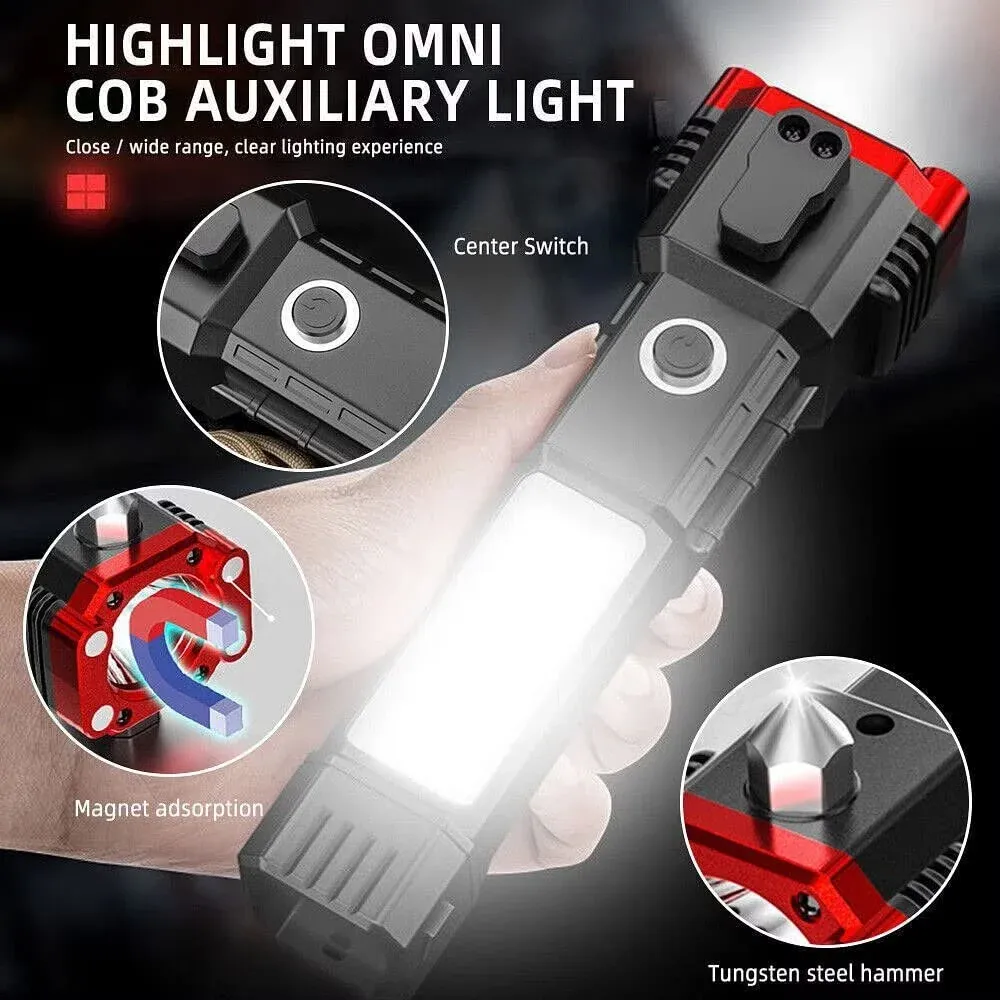 high power LED torch, rechargeable flashlight, tactical flashlight with hammer, emergency torch light, power bank flashlight, camping torch light, outdoor LED flashlight, glass breaker torch, emergency safety flashlight, heavy duty rechargeable torch, multifunction flashlight, car emergency light, thetrendhood.com