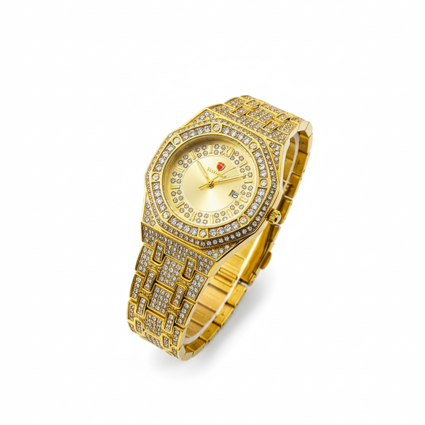 luxury gold watch, diamond studded wrist watch, crystal bezel watch, unisex gold watch, quartz fashion watch, iced out designer watch, gold plated wrist watch, party wear watch for men women, stylish metal chain watch, water resistant fashion watch, affordable luxury watch, gift watch for him her, thetrendhood.com
