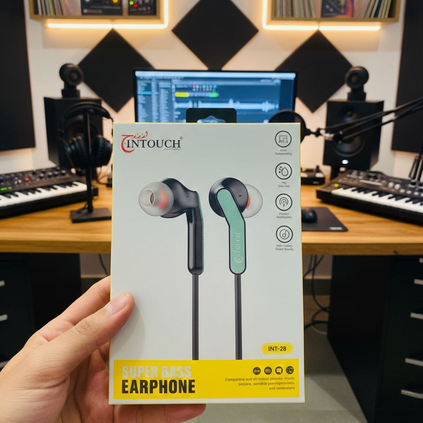 Intouch INT-28 earphones, INT-28 Super Bass wired earphones, 3.5mm handsfree headphones, super bass wired earbuds, universal wired earphones, earphones for mobile and PC, gaming wired earphones, durable stereo earphones, affordable wired headphones, Intouch wired handsfree, thetrendhood.com