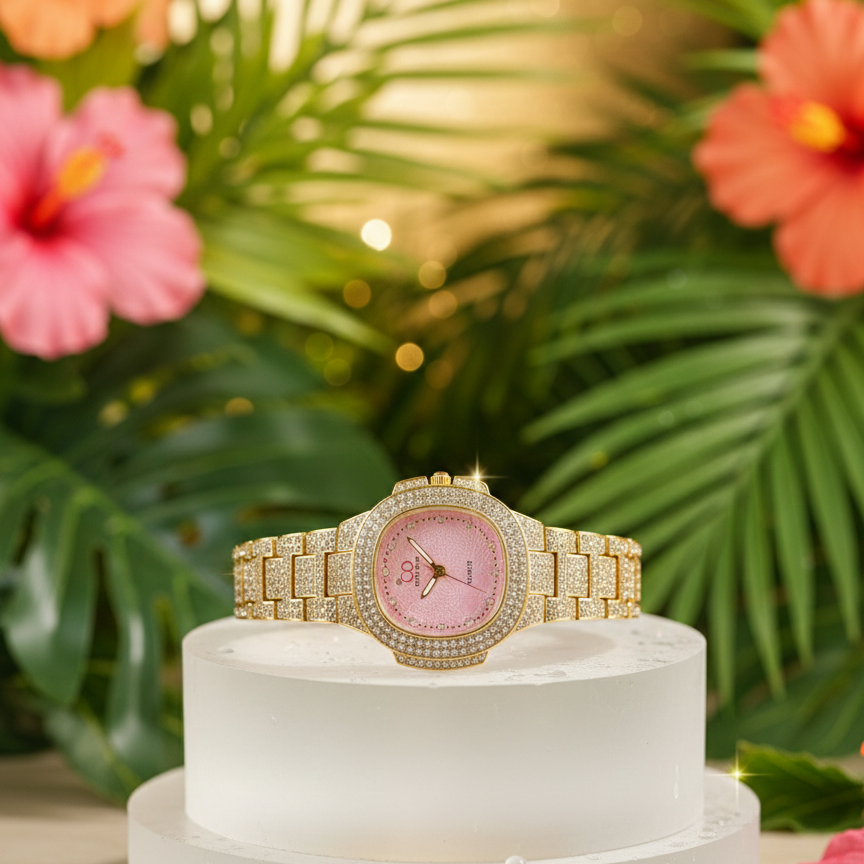 two toned womens watch, iced out watch for women, quartz movement ladies watch, waterproof womens wrist watch, fashion crystal watch, elegant women watch, luxury style ladies watch, gold silver two tone watch, daily wear women watch, trendy womens accessories, gift watch for her, thetrendhood.com