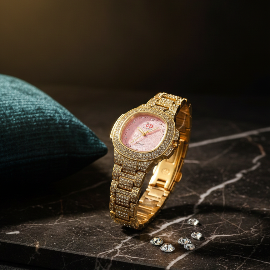 two toned womens watch, iced out watch for women, quartz movement ladies watch, waterproof womens wrist watch, fashion crystal watch, elegant women watch, luxury style ladies watch, gold silver two tone watch, daily wear women watch, trendy womens accessories, gift watch for her, thetrendhood.com