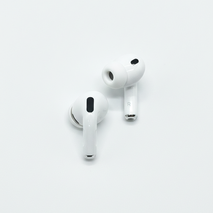 AirPod Pro 3, AirPod Pro 3 white earbuds, wireless earbuds with silicone tips, compact stem earbuds, white Bluetooth earbuds, AirPod Pro 3 retail box, affordable wireless earphones, in-ear Bluetooth headphones, modern white earbuds, earbuds for music and calls, thetrendhood.com