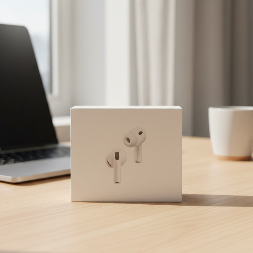 AirPod Pro 3, AirPod Pro 3 white earbuds, wireless earbuds with silicone tips, compact stem earbuds, white Bluetooth earbuds, AirPod Pro 3 retail box, affordable wireless earphones, in-ear Bluetooth headphones, modern white earbuds, earbuds for music and calls, thetrendhood.com