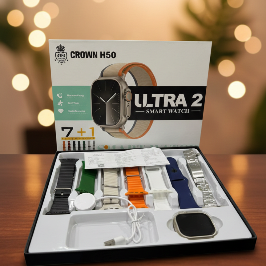 Crown H50 Ultra 2 smart watch, H50 Ultra 2 smartwatch, Bluetooth calling smart watch, Ultra HD display smartwatch, health monitoring smartwatch, SpO2 heart rate watch, sports mode smart watch, water resistant smart watch, long battery life smartwatch, smart watch for men and women, thetrendhood.com