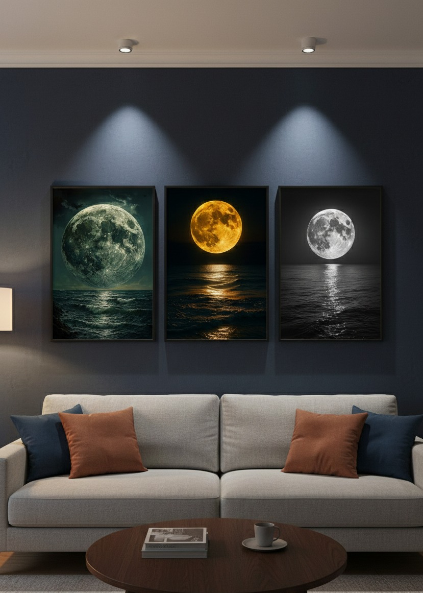 Moon ocean wall art 3 piece canvas wall décor ocean landscape wall art bedroom wall decoration adhesive wall art frames no drill wall décor modern home wall art nature canvas wall set living room wall decoration aesthetic wall frames set, thetrendhood.com