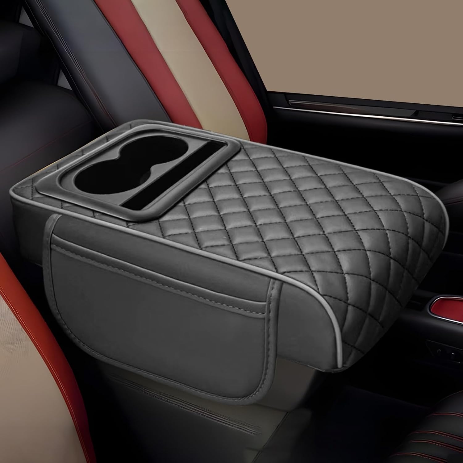 Car armrest cushion Car armrest storage box Center console organizer PU leather armrest pad Car interior accessories Multi-function car organizer Car cup holder organizer Armrest extender cushion Universal car armrest pad Car storage solution, thetrendhood.com